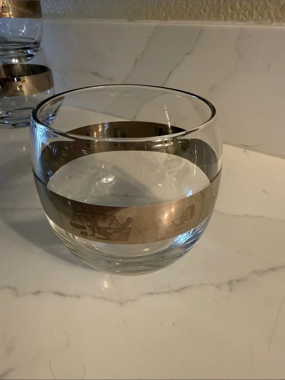Mid Century Modern Roly Poly Glasses Silver Band with Apothecary Design Set of 4